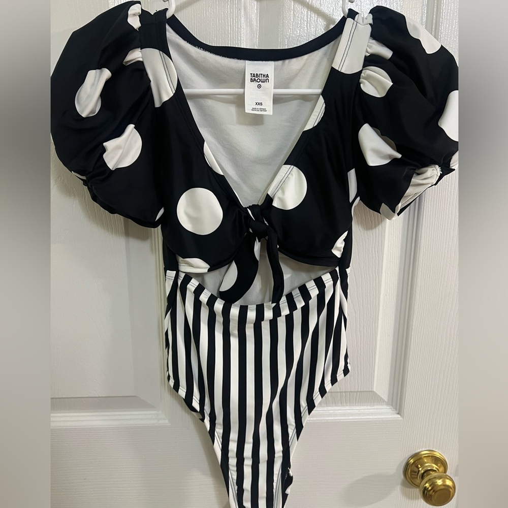🔵  Tabitha Brown Target Striped Dot Print Tie Front One Piece Swimsuit  NWOT XXS - Picture 2 of 8